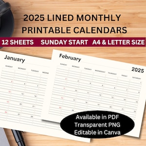 Kalender 2025 afdrukbare png-pdf, maandkalender, bewerkbare kalender 2025, kalender 2025, afdrukbare bureaukalender en muur, start zondag