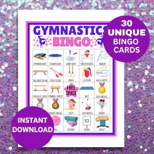 Bingo de gimnasia, Juego de fiesta para gimnastas, Actividad de clase de gimnasia, Actividad de gimnasia para niñas, Bingo de gimnasia imprimible, Gimnasta