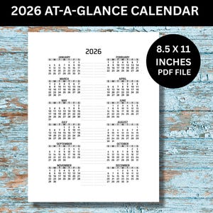 2026 Calendar, Printable PNG PDF, Monthly Calendar, 2026 Monthly Calendar, Calendar 2026, Desk and Wall Printable Calendar, Sunday Start