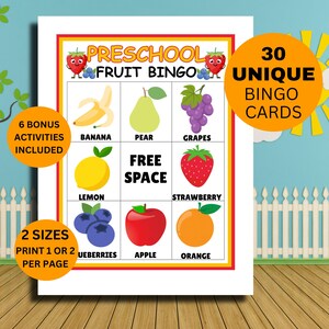 Juego de bingo de frutas para preescolar, tarjetas de bingo de 9 espacios, juego de frutas imprimible para niños pequeños y preescolares, actividad de aprendizaje temprano, descarga PDF