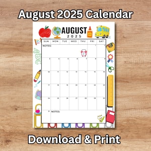 August 2025 Printable Calendar: Teacher Planner, Back to School (PDF Download)
