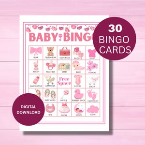 Baby Shower Bingo, 30 schede per il Baby Shower Bingo per bambine, Baby Shower, Baby Shower Bingo su Etsy, Set per il Baby Shower Bingo, Schede per il Baby Bingo, Schede per il Baby Bingo
