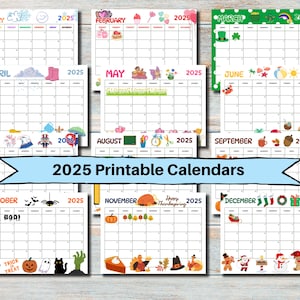 Calendrier 2025 imprimable PDF, calendrier mensuel, calendrier 2025 modifiable, calendrier enfants mignons 2025, calendrier école à la maison, calendrier 2025 mignon
