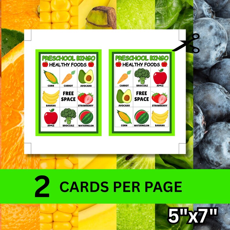 Preschool Healthy Foods Bingo Game, 9-space Bingo Cards, Printable ...