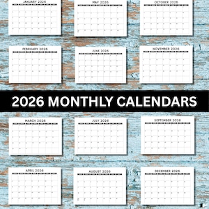 2026 Calendars, Printable PNG PDF, Monthly Calendar, 2026 Monthly Calendar, Calendar 2026, Desk and Wall Printable Calendar, Sunday Start