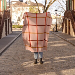 May include: A pink and brown plaid throw blanket with a woven texture.