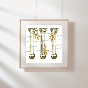 Puede incluir: Una ilustración digital de tres columnas blancas con enredaderas verdes y flores naranjas que crecen por los lados. Las columnas están sobre un fondo azul y blanco que se asemeja al agua.