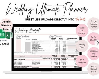 May include: A laptop computer screen displaying a wedding planning spreadsheet with a pink and gray color scheme. The spreadsheet includes a wedding budget, seating chart, guest list manager, to-do checklist, wedding day timeline, DJ song list, and vendor contact sheet. The spreadsheet is titled "Wedding Budget" and includes categories such as venue, reception, photography, videography, and other expenses. The spreadsheet also includes columns for budgeted amount, actual amount, and amount under/over.