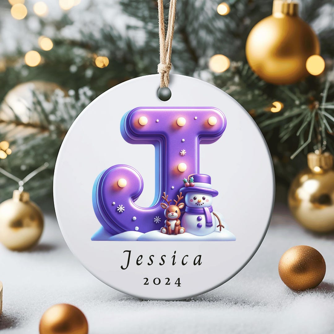 Personalized Christmas Letter J Ornament, Ceramic Ornament, Purple
