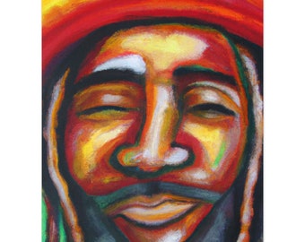 Puede incluir: Un retrato expresivo en colores vibrantes de una persona con los ojos cerrados. La obra presenta un sombrero rojo, un bigote oscuro y rastas, con una paleta de rojos, amarillos y verdes. El estilo recuerda al arte impresionista.