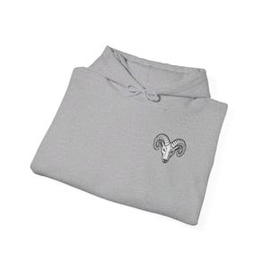 May include: A gray hooded sweatshirt with a black and white ram head graphic on the front.
