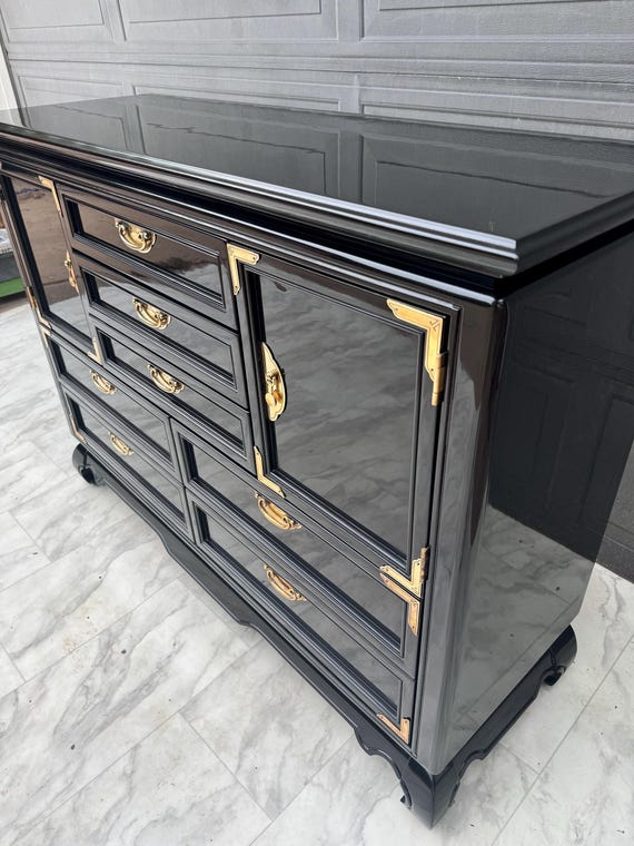 Sold - Custom Lacquer - High Gloss Black - Ming Dresser by Broyhill - Etsy