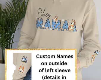 MAMA Bluey HOODIE PERSONALIZADA con nombres de niños en la manga / Mamá sudadera con capucha / Regalo del Día de la Madre / Nueva mamá / Perro Azul