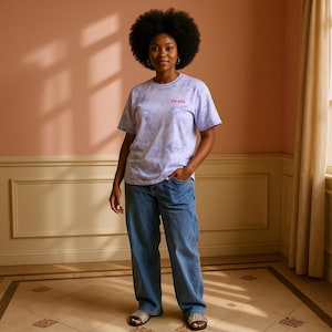 May include: A person wearing a light purple tie-dye t-shirt with the word "PEARL" in pink lettering. The person is also wearing blue jeans and silver sandals. The background is a light pink wall and a patterned floor.