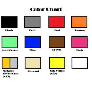 May include: A colour chart on a white background shows 16 colour swatches in black frames. Colours include white, black, grey, red, orange, yellow, light blue, mint green, blue, brown, pink, purple, olive green, metallic silver/gold, almond, and silk yellow.