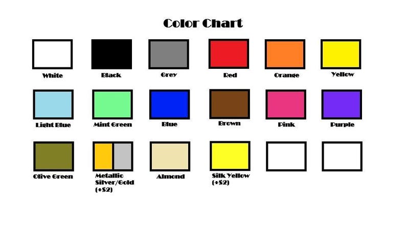 May include: A colour chart on a white background shows 16 colour swatches in black frames. Colours include white, black, grey, red, orange, yellow, light blue, mint green, blue, brown, pink, purple, olive green, metallic silver/gold, almond, and silk yellow.