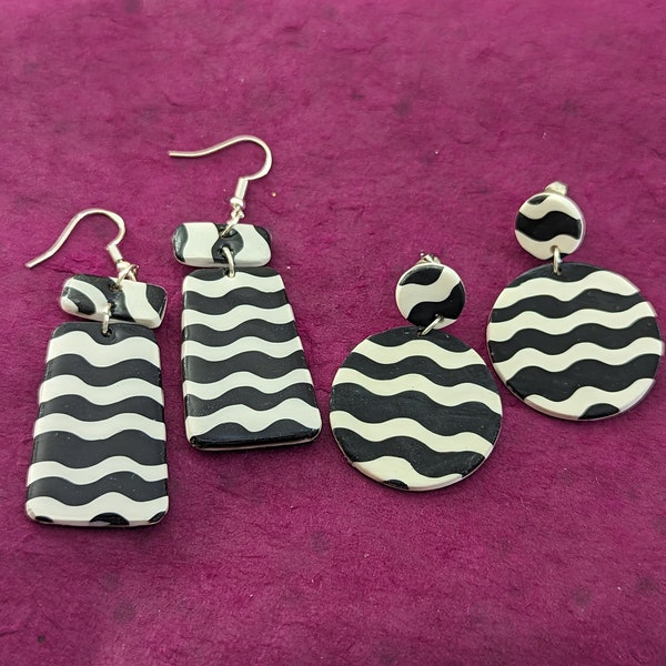 It's Giving Deville | Black & White Squiggle Striped Dangle | Handmade Polymer Clay Hypoallergenic Earrings