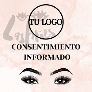 Puede incluir: Una ilustración en blanco y negro de un par de ojos con pestañas largas. El texto "CONSENTIMIENTO INFORMADO" está debajo de los ojos. Un círculo con el texto "TU LOGO" está encima de los ojos.