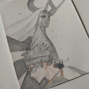 May include: A watercolor painting of a person with black hair and a white shirt, with a large, horned, gray creature behind them.