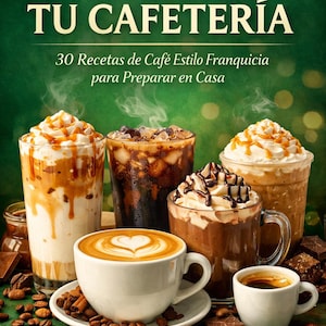 May include: A promotional image for a coffee recipe book. The image features various coffee drinks, including lattes and iced coffees, with whipped cream and chocolate. The text "TU CASA, TU CAFETERÍA" is at the top, with "30 Recetas de Café Estilo Franquicia para Preparar en Casa" below.