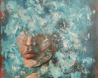 May include: Abstract painting of a face partially obscured by blue and white paint. The face is painted in shades of brown, pink, and red. The background is a dark blue with hints of red.