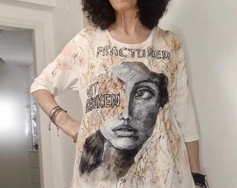 hand-painted oversized shirt, upcycled artwear, wearable art,  Unique Upcycled Fashion, Abstract Portrait Clothing