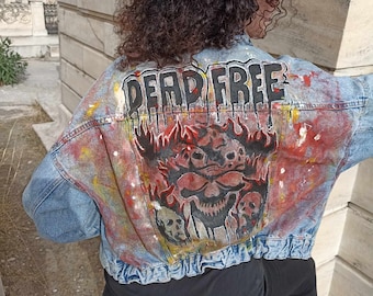 Hand painted jacket, abstract skulls, abstract painting, skull painting, painted jacket, painted clothing, denim jacket, painted jean