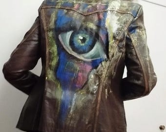 painted jacket, painted clothes, leather jacket, leather blazer, wearable art, unique jacket, upcycled jacket, used, sustainable fashion