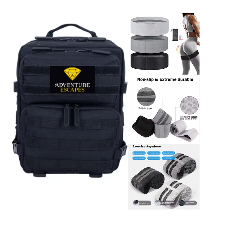 K&ouml;nnte beinhalten: Ein schwarzer taktischer Rucksack mit dem Schriftzug "Adventure Escapes" auf der Vorderseite. Der Rucksack hat ein Diamant-Logo und mehrere Taschen. Das Bild zeigt auch einen Satz von drei Widerstandsb&auml;ndern mit verschiedenen Farben und Mustern. Die B&auml;nder sind mit "Rutschfest & Extrem strapazierf&auml;hig" und "&Uuml;bung &uuml;berall" beschriftet.