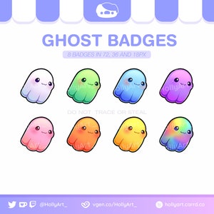 Puede incluir: Ocho insignias de fantasmas de dibujos animados en varios colores, incluidos morado, verde, azul, rosa, naranja, amarillo y arcoíris. Las insignias están en tres tamaños: 72 píxeles, 36 píxeles y 18 píxeles. El texto "GHOST BADGES" está en la parte superior de la imagen, y el texto "DO NOT TRACE OR STEAL" está en el medio de la imagen.