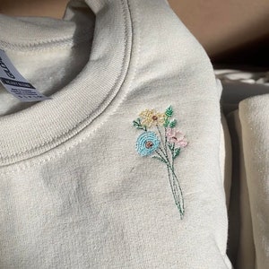 Wildflower Embroidery Crew Neck Winter Sweater Cream Colored Dainty Flower Design