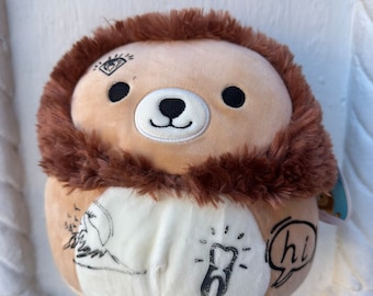 Francis the Lion Custom Squishmallow Plush with Unique Screen-Printed Tattoos - 'Hardmallows' Series by Mary Donnelly