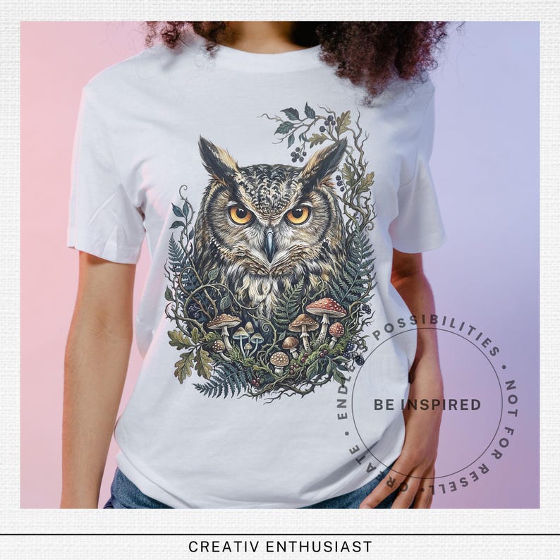 Great horned owl illustration with mushrooms and ferns on a white t-shirt.