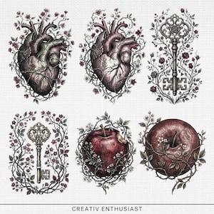 Six illustrations of a heart, key, and apple, each with floral accents.