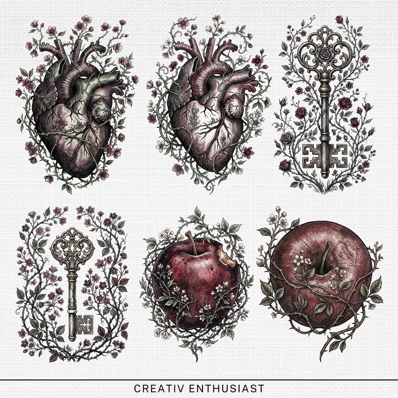 Six illustrations of a heart, key, and apple, each with floral accents.