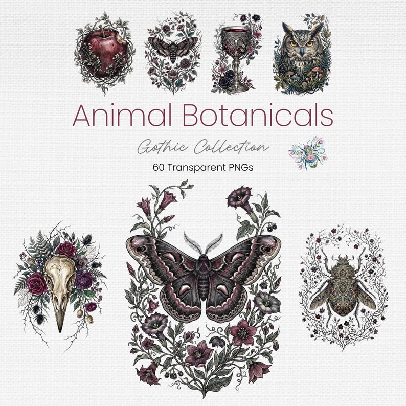 Gothic Clipart Bundle, 60 Dark Academia PNG Designs with Mystical Animals image 1
