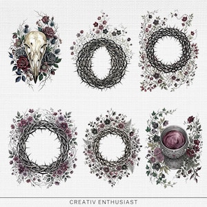 Six ornate wreaths and a skull with floral accents.