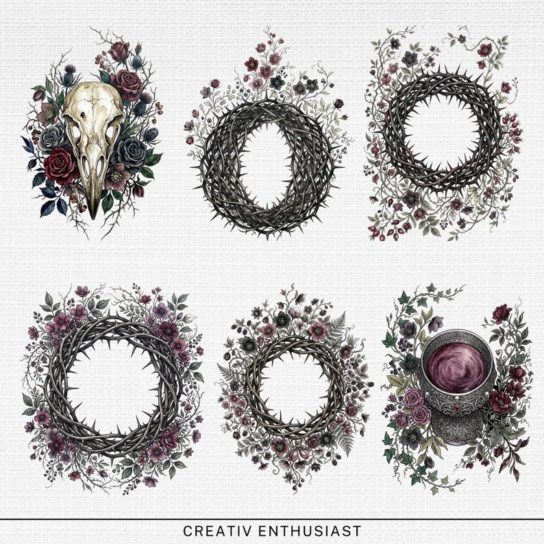 Six ornate wreaths and a skull with floral accents.