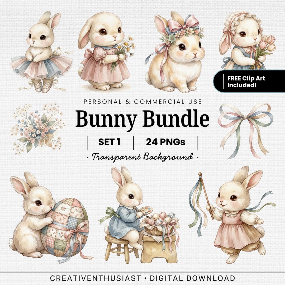 12 Watercolor Bunny Clipart Bundle, Easter Spring Nursery Art (digital ...