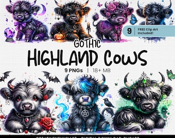 9 Gothic Highland Cow Clipart, PNG Files, Printable Art (Digital Download)