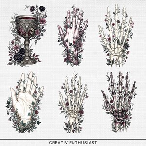 Six illustrations of hands and a goblet entwined with dark floral and skeletal elements.