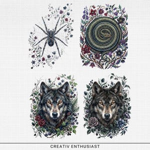 Four illustrations: spider, coiled snake, and two wolf heads, surrounded by flowers and foliage.