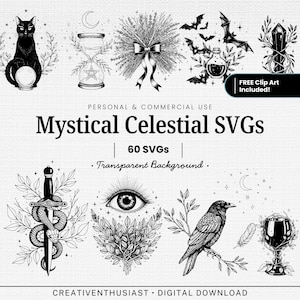 60 Mystical Celestial SVG Bundle, Witchy Gothic Clipart, Black Cat Raven (Digital Download)