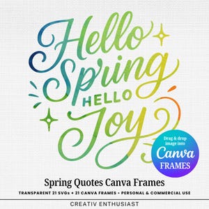 May include: A graphic design with the words "Hello Spring Hello Joy" in a colorful, watercolor style. The design includes stars and is set against a textured white background. The image also includes text that says "Spring Quotes Canva Frames".