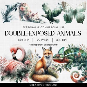 Puede incluir: Ilustración digital de animales de doble exposición. La imagen incluye un delfín, un gato, un águila, una mariposa, un flamenco, un zorro y un camaleón. El texto dice "DOUBLE-EXPOSED ANIMALS" y especifica 13 x 13 pulgadas, 22 PNG y 300 DPI con fondo transparente.