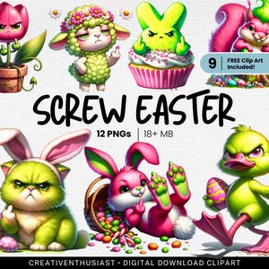 12 griniga påskdjur Clipart: Roliga kaniner och kycklingar i PNG-format (digital nedladdning)