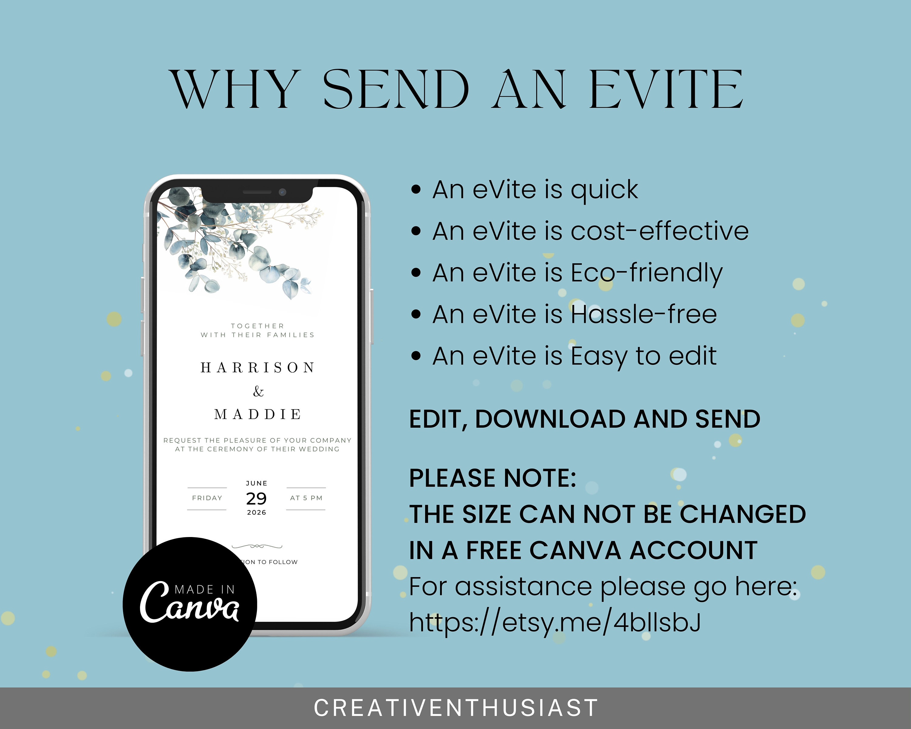 Digital Wedding Invitation, Canva Template, Eucalyptus, Ecofriendly E