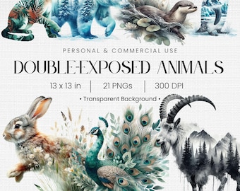 Double Exposure Art: 21 Wildlife PNG Clipart with Transparent Background