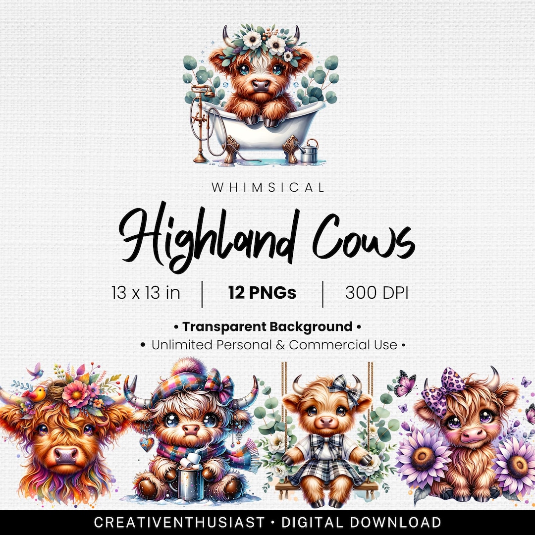 12 Watercolor Highland Cow Clipart Bundle: Farm Animal Pngs (digital ...