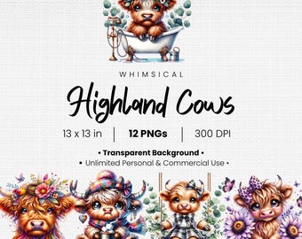 12 Watercolor Highland Cow Clipart Bundle: Farm Animal PNGs (Digital Download)